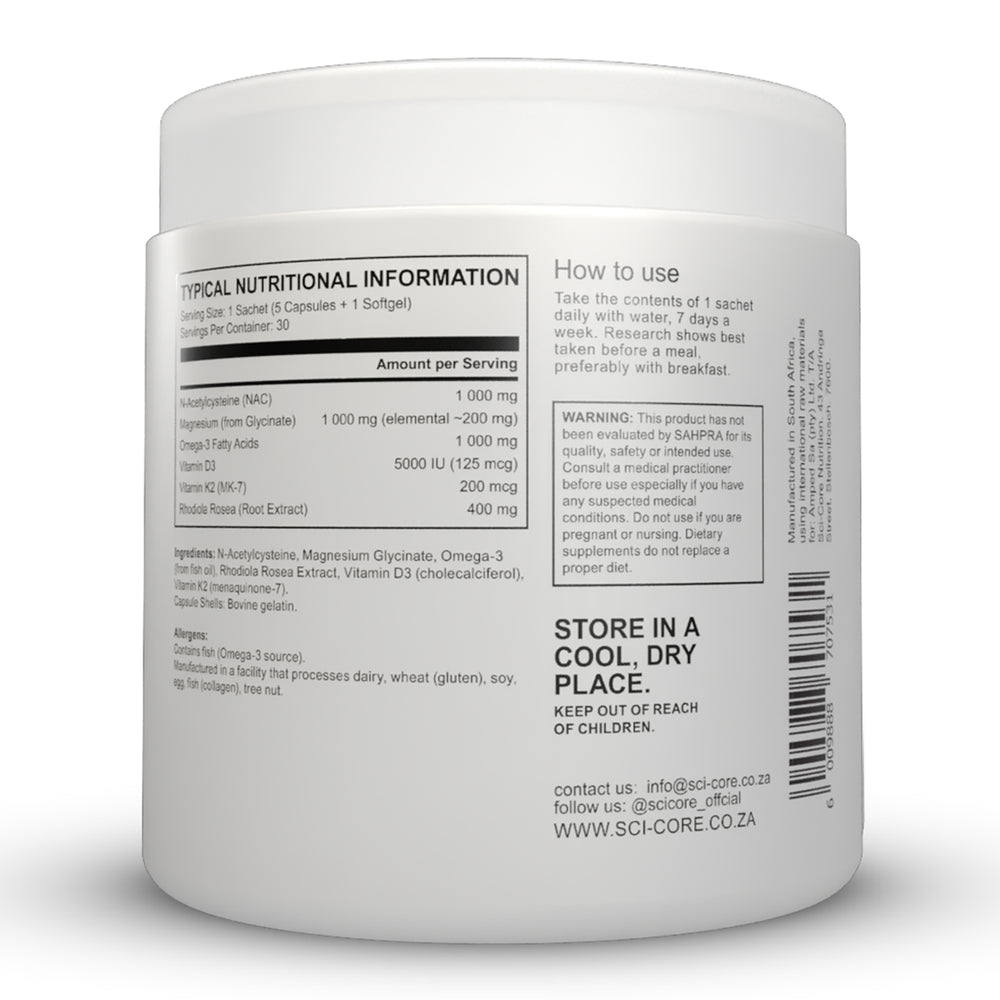 NAC, Magnesium, Omega 3, Vit D3 + K2, Rhodiola Rosea - 30 daily packs
