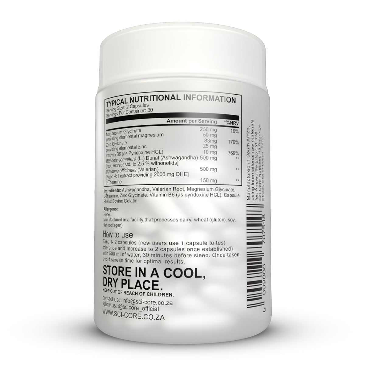 Ashwagandha, Valerian Root, Magnesium, L-Theanine, Zinc, Vit B6 - 60 caps | 30 day supply