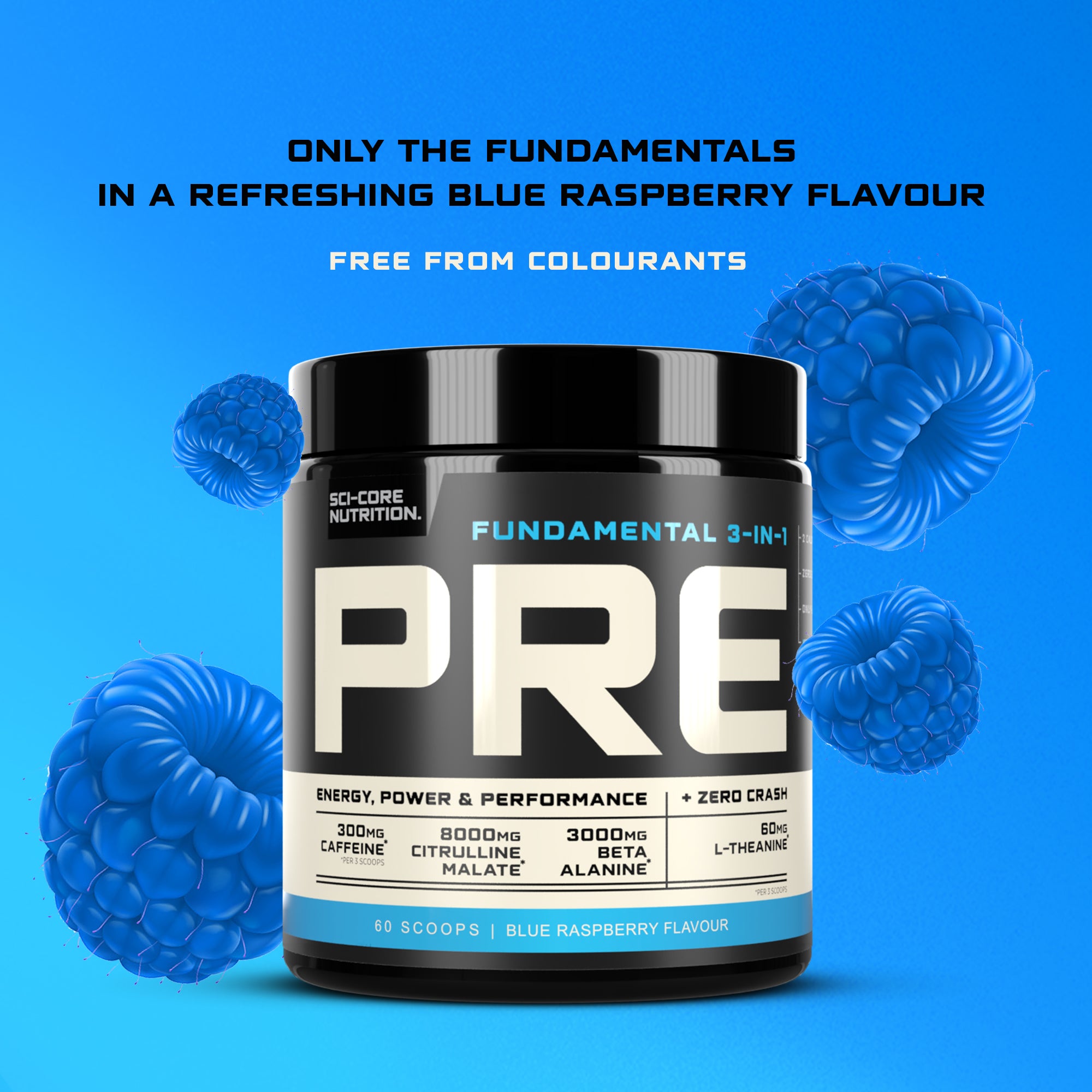 Fundamental 3-in-1 PRE Blue Raspberry - 300g | 60 scoops | SCI-CORE