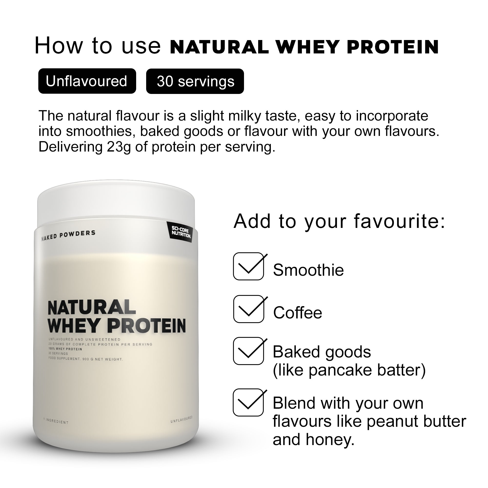 NAKED NATURAL WHEY PROTEIN - UNFLAVOURED - 900g (New)