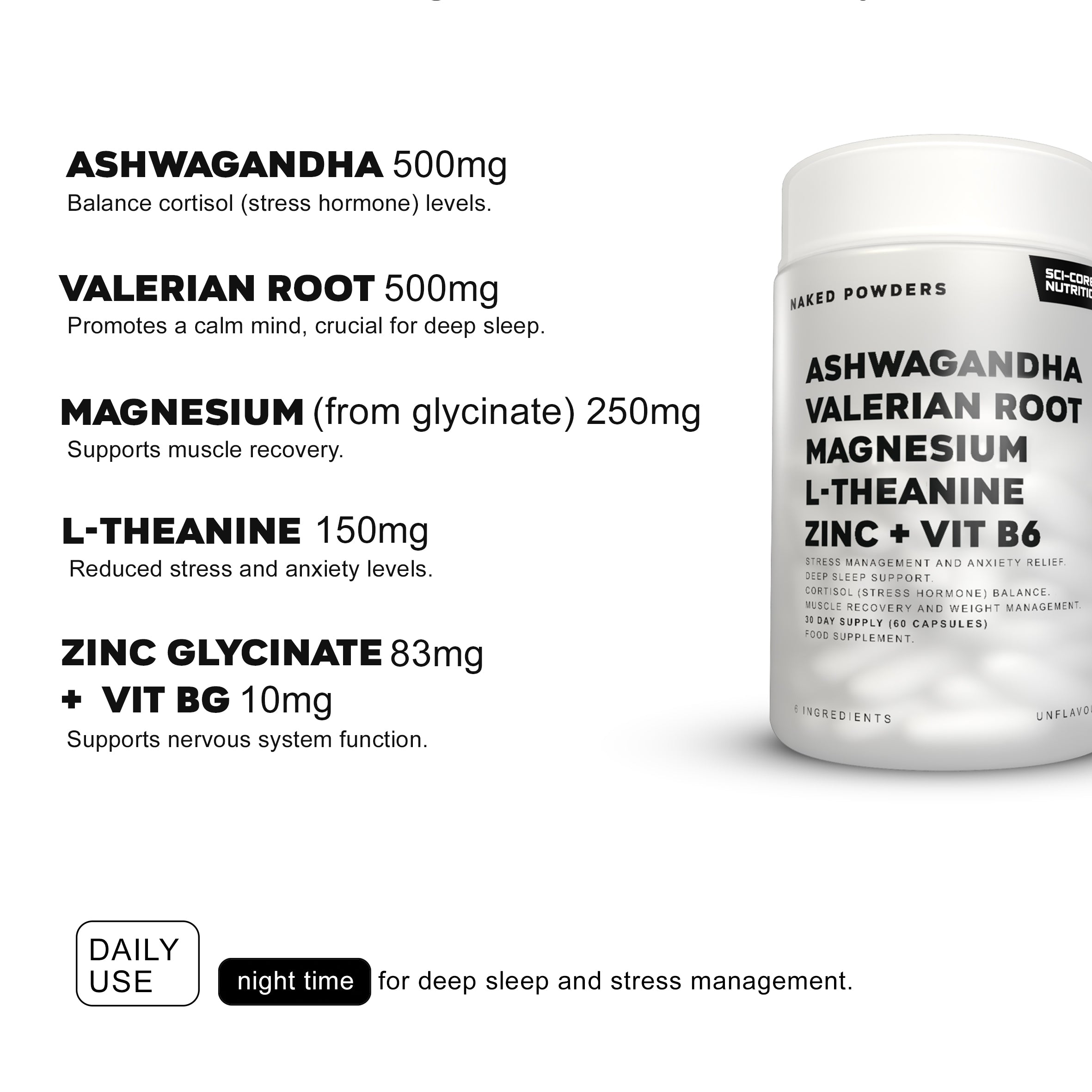Ashwagandha, Valerian Root, Magnesium, L-Theanine, Zinc, Vit B6 - 60 caps