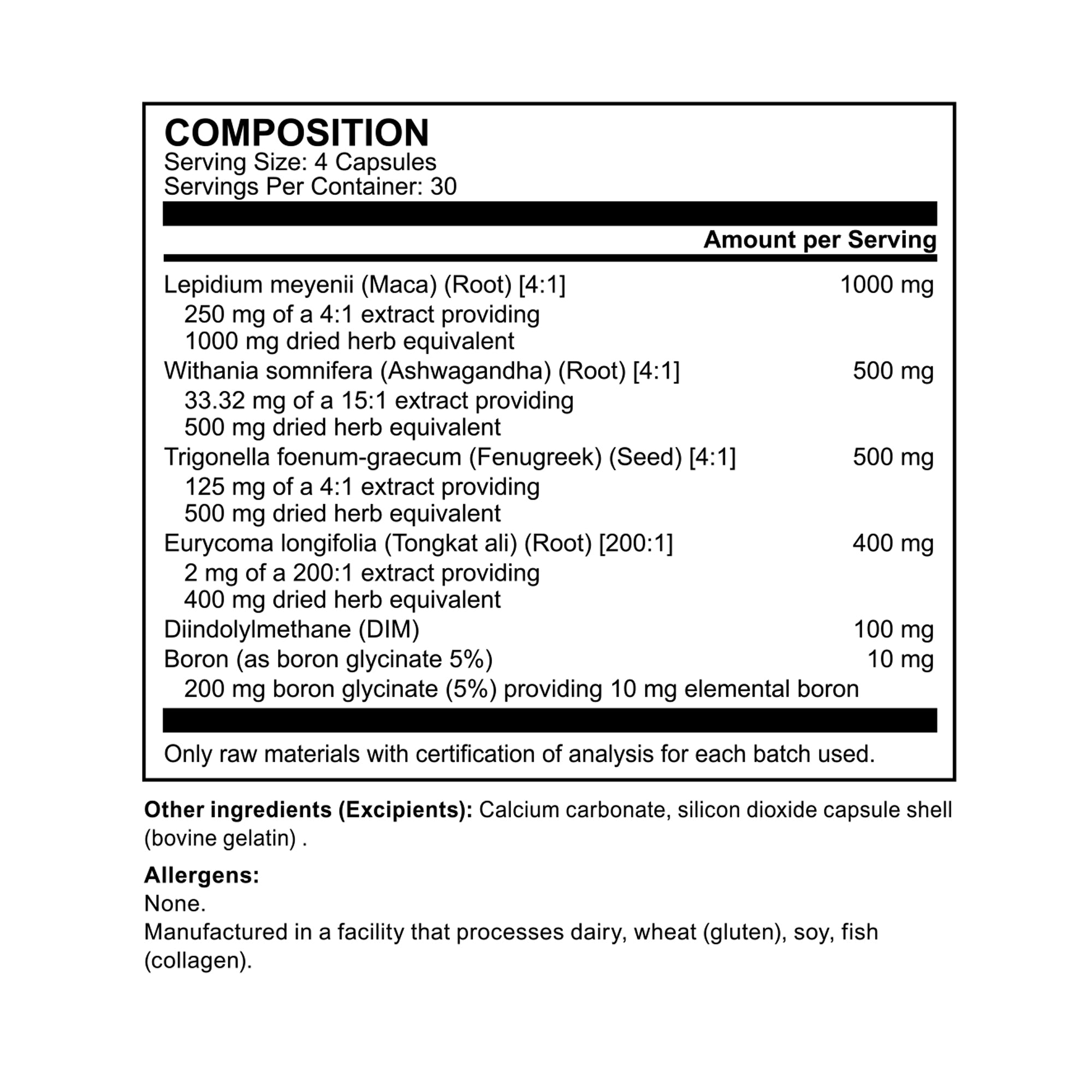 Tongkat Ali, Maca, Fenugreek, Ashwagandha, DIM, Boron - 90 caps | 30 day supply